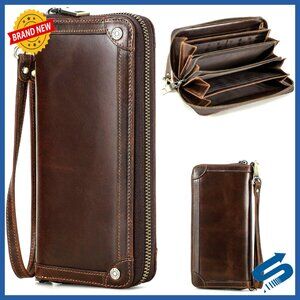 Top Grain Leather Clutch Wallet with RFID, Detachable Wristlet, Multi-Pocket